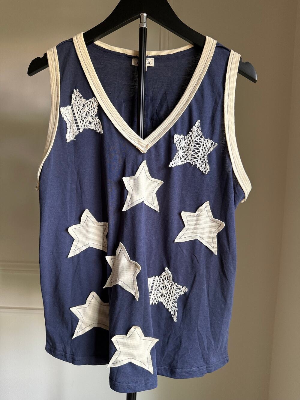 POL Star Patch Tank Top Medium Navy Blue Crochet Stars Americana Boho USA